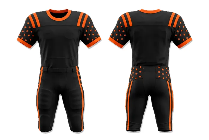 Ghost mannequin photograph of the Star field Retro shoulder stripe custom jersey design, front and back views side by side