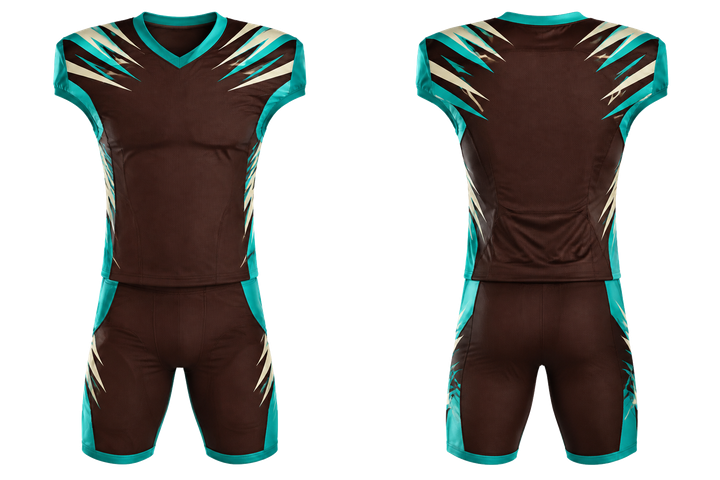 Front and back view of dark chocolate angular shoulder burst american football alternate or 7v7 uniform