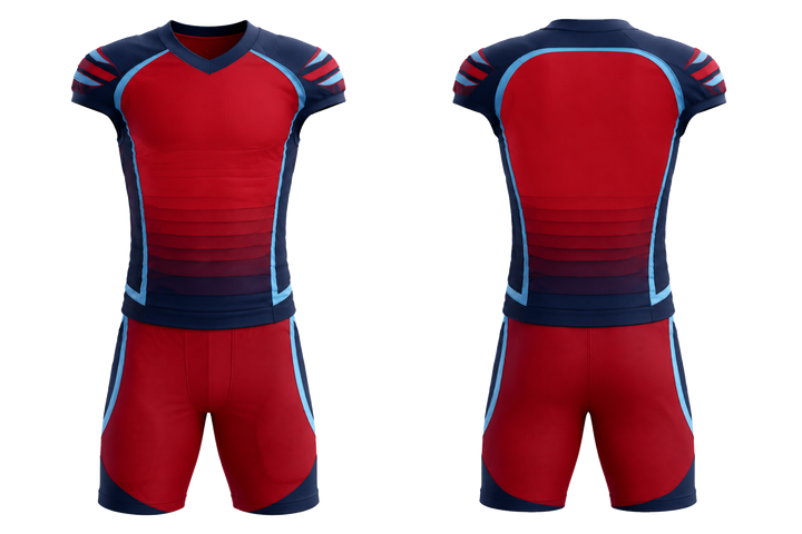 Front and back view of deep red compressed gradient illusion made only from flat bands american football alternate or 7v7 uniform