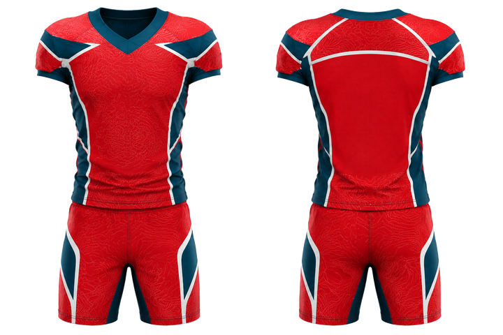 Front and back view of club red contained topographic contour field american football alternate or 7v7 uniform