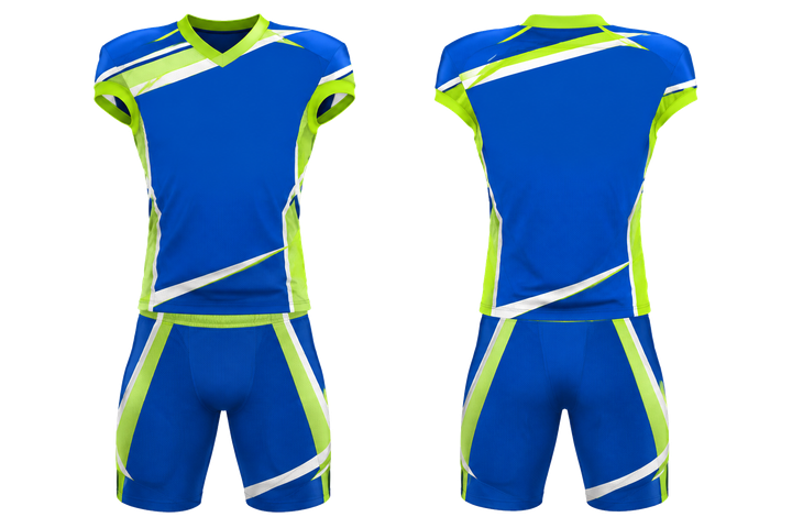 Front and back view of royal blue diagonal court line architecture american football alternate or 7v7 uniform