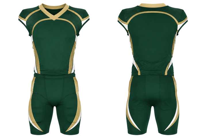 Front and back view of forest green minimal arch and orbit geometry american football alternate or 7v7 uniform
