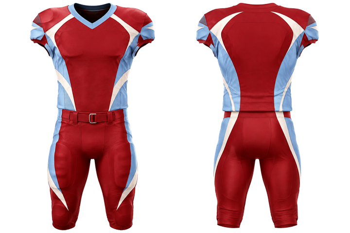 Front and back view of brick red asymmetric speed panel sweep american football padded game uniform