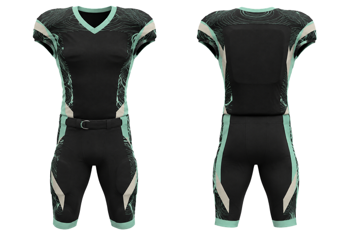 Front and back view of obsidian black contained topographic contour field american football padded game uniform