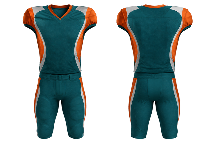 Front and back view of petrol teal curved body mapped side flow american football padded game uniform
