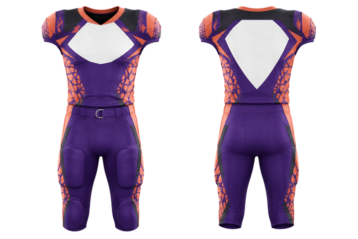 Front and back view of purple fractured diamond field american football padded game uniform