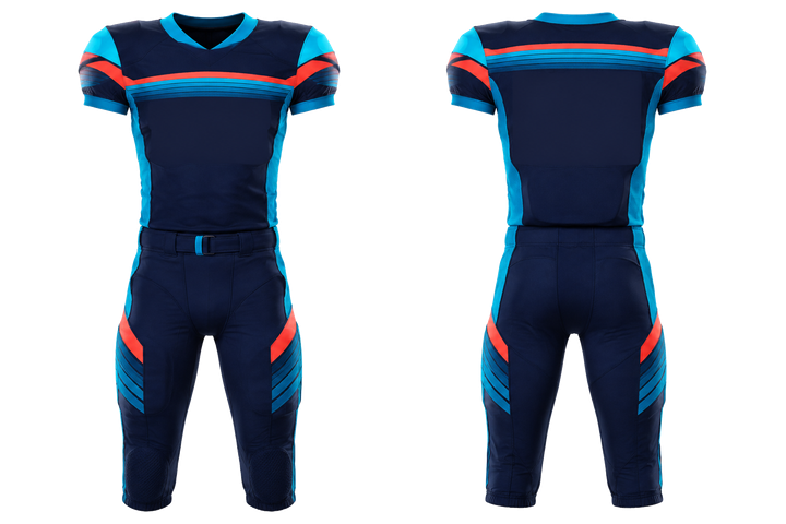 Front and back view of midnight navy layered horizon bands american football padded game uniform