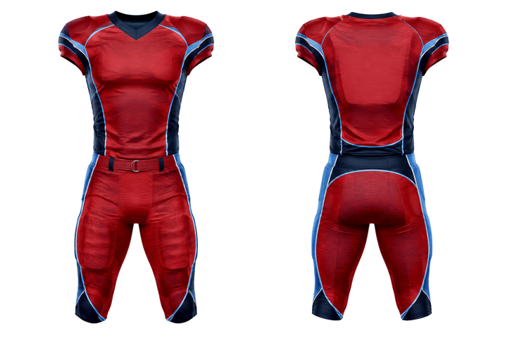 Front and back view of deep red low contrast ripple map american football padded game uniform