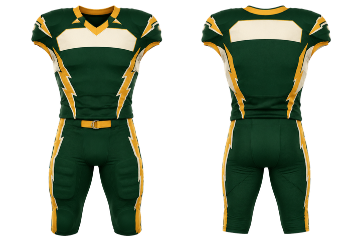 Front and back view of bottle green negative space lightning channel american football padded game uniform