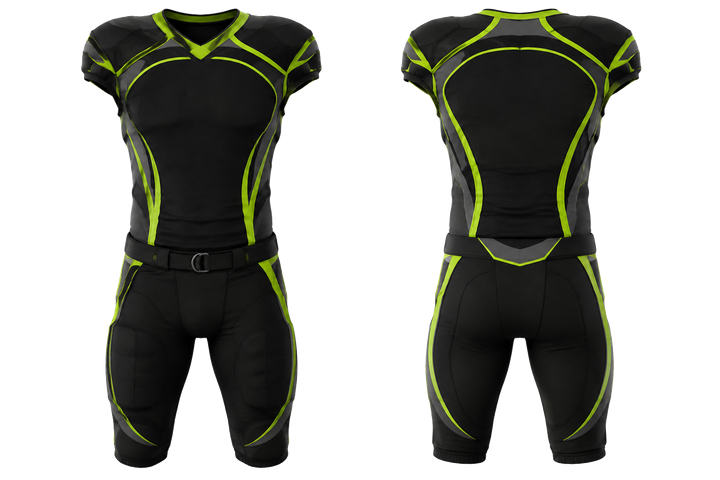 Front and back view of black nested contour arcs american football padded game uniform