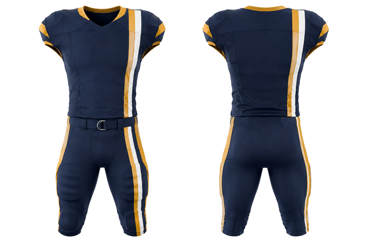 Front and back view of marine blue offset vertical race stripe american football padded game uniform