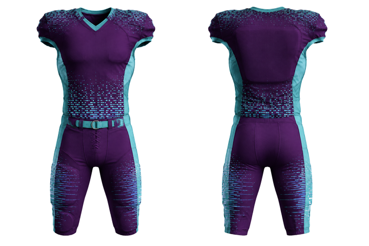 Front and back view of plum pixel to panel fade built from flat bands american football padded game uniform