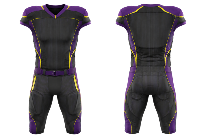 Front and back view of charcoal retro micro stripe with modern panel breaks american football padded game uniform