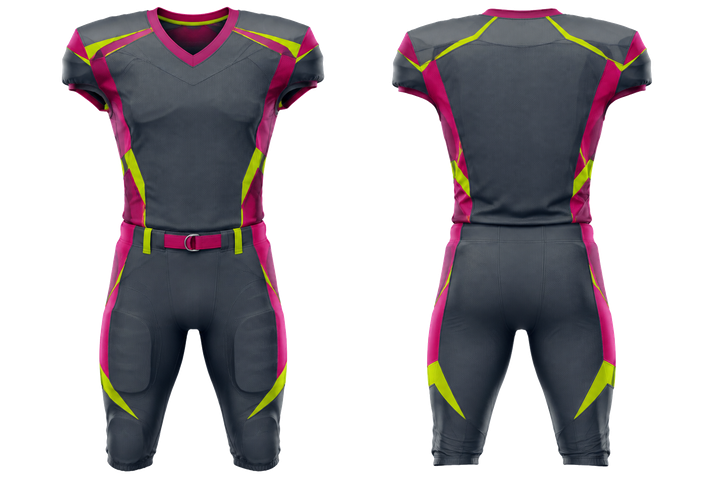 Front and back view of slate split sash geometry american football padded game uniform