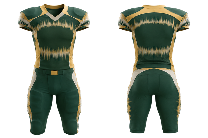 Front and back view of forest green tonal soundwave rhythm american football padded game uniform
