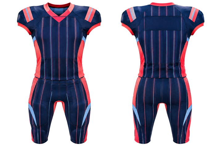 Front and back view of indigo wide modern pinstripe field american football padded game uniform