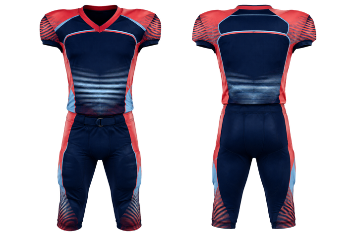 Front and back view of indigo compressed gradient illusion made only from flat bands american football practice uniform