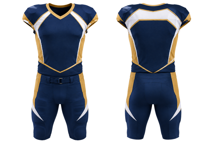 Front and back view of marine blue diagonal court line architecture american football practice uniform