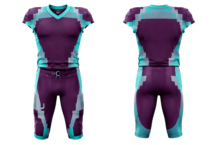 Front and back view of plum modular block mosaic american football practice uniform