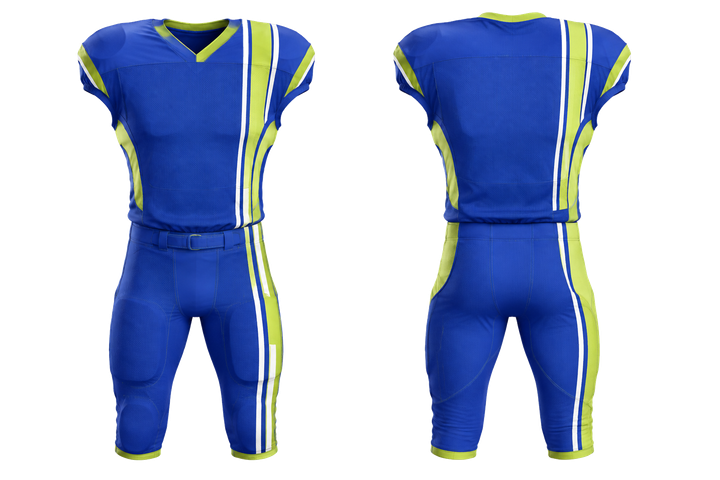 Front and back view of royal blue offset vertical race stripe american football practice uniform