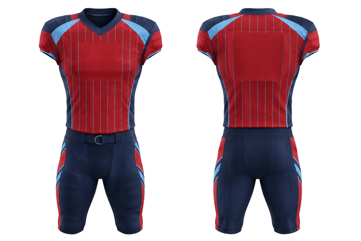 Front and back view of deep red wide modern pinstripe field american football practice uniform