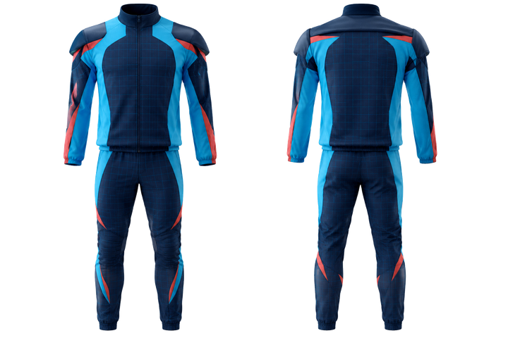 Front and back view of midnight navy oversized tonal grid american football sideline warm up set