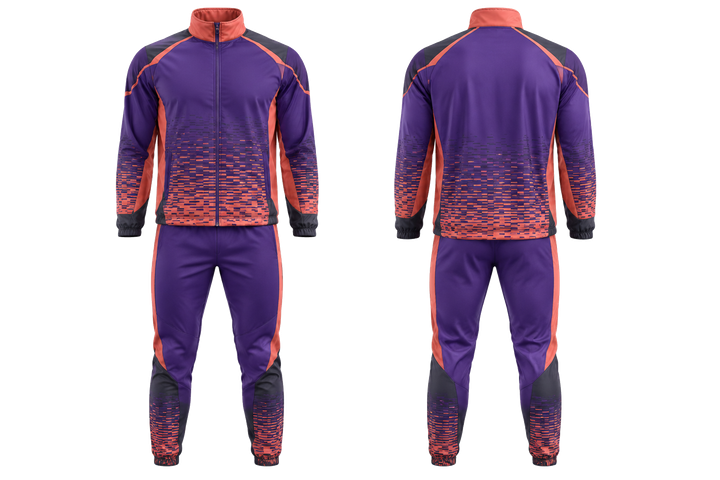 Front and back view of purple pixel to panel fade built from flat bands american football sideline warm up set