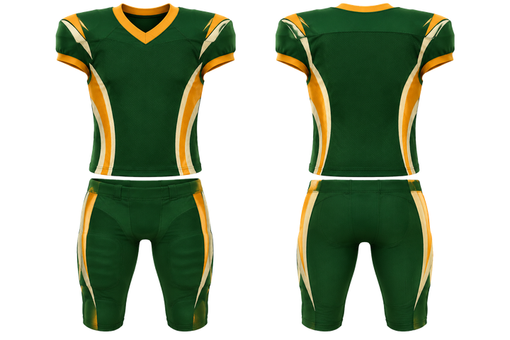 Front and back view of bottle green curved body mapped side flow american football youth football uniform