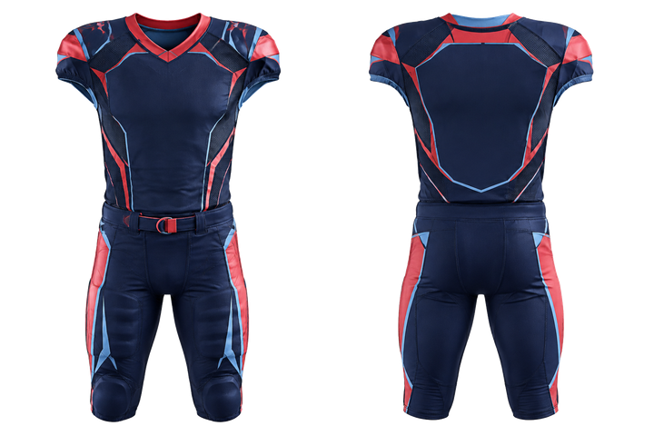 Front and back view of indigo faceted shield geometry american football youth football uniform