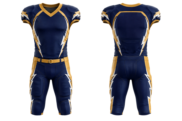 Front and back view of marine blue negative space lightning channel american football youth football uniform