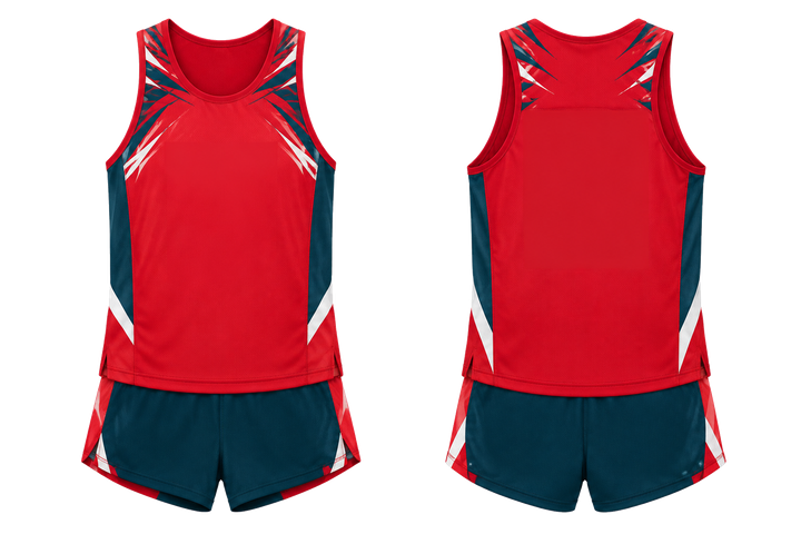 Front and back view of club red angular shoulder burst athletics race kit
