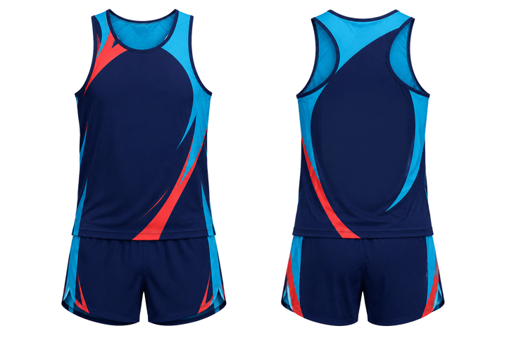 Front and back view of midnight navy asymmetric speed panel sweep athletics race kit