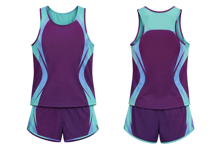 Front and back view of plum bold sleeve to side bridge athletics race kit