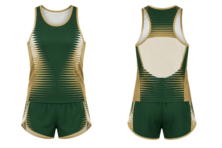 Front and back view of forest green compressed gradient illusion made only from flat bands athletics race kit