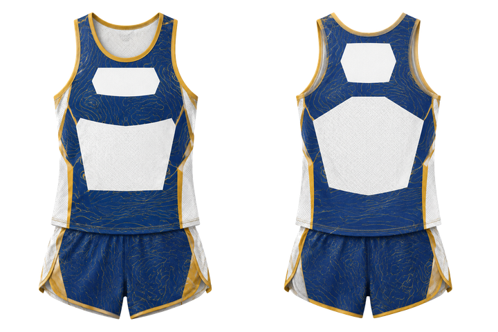 Front and back view of marine blue contained topographic contour field athletics race kit