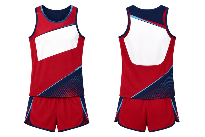 Front and back view of deep red diagonal court line architecture athletics race kit