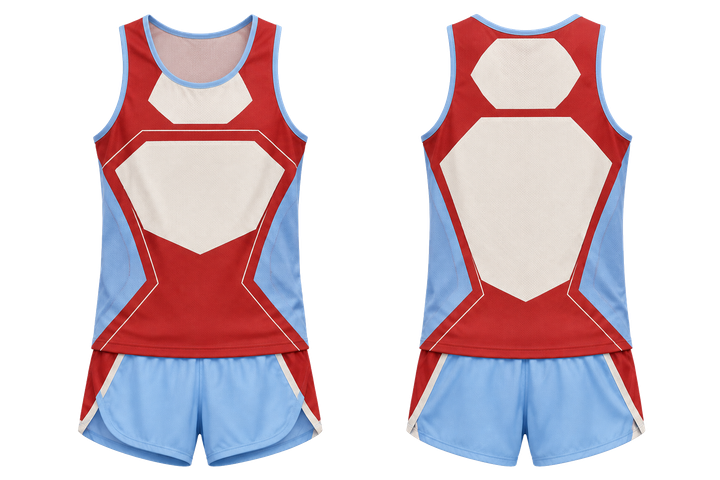 Front and back view of brick red faceted shield geometry athletics race kit