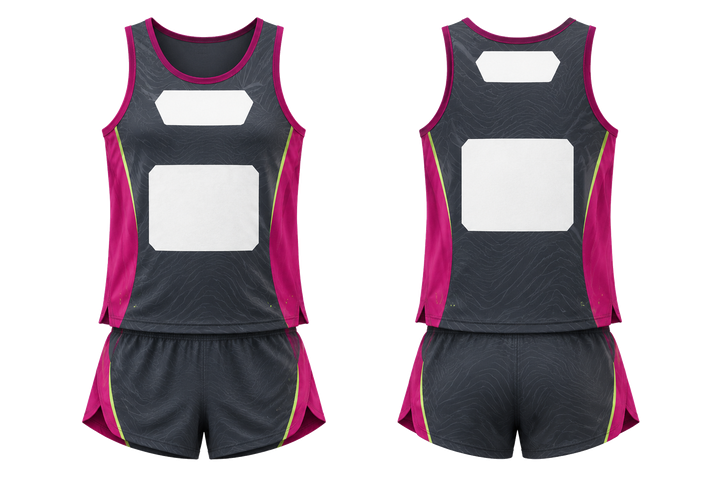 Front and back view of slate low contrast ripple map athletics race kit