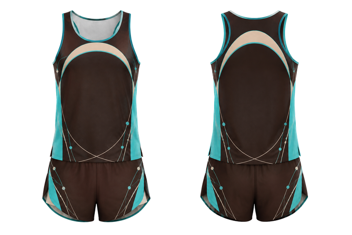 Front and back view of dark chocolate minimal arch and orbit geometry athletics race kit