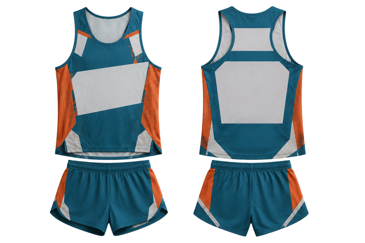 Front and back view of petrol teal modular block mosaic athletics race kit