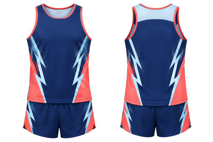 Front and back view of indigo negative space lightning channel athletics race kit