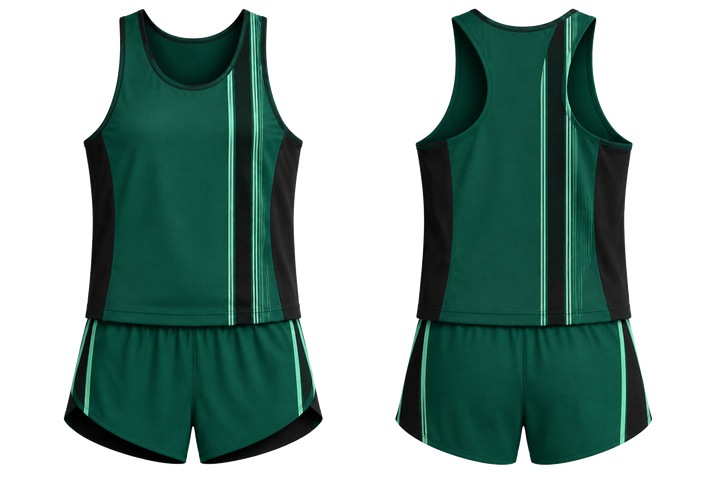 Front and back view of emerald offset vertical race stripe athletics race kit