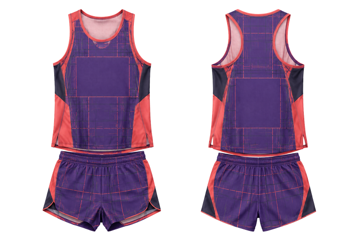 Front and back view of purple oversized tonal grid athletics race kit