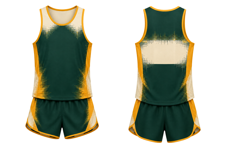 Front and back view of bottle green pixel to panel fade built from flat bands athletics race kit