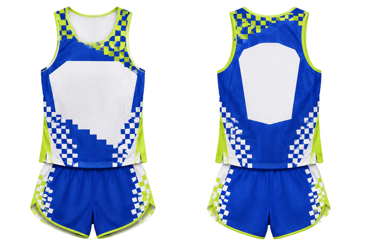 Front and back view of royal blue stepped chequer field with original spacing athletics race kit