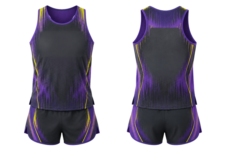 Front and back view of charcoal tonal soundwave rhythm athletics race kit