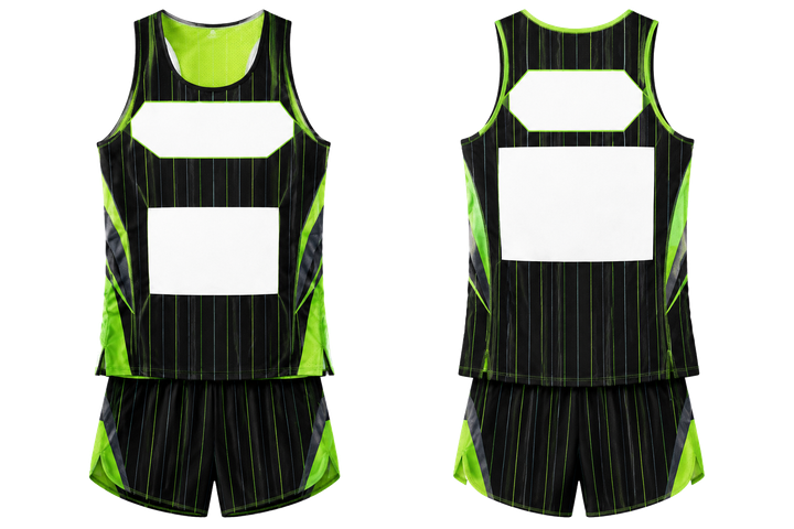 Front and back view of black wide modern pinstripe field athletics race kit