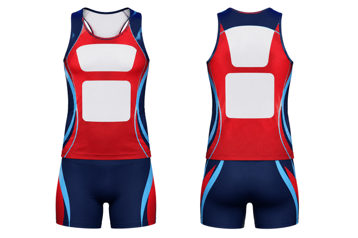 Front and back view of deep red curved body mapped side flow athletics relay or field event kit