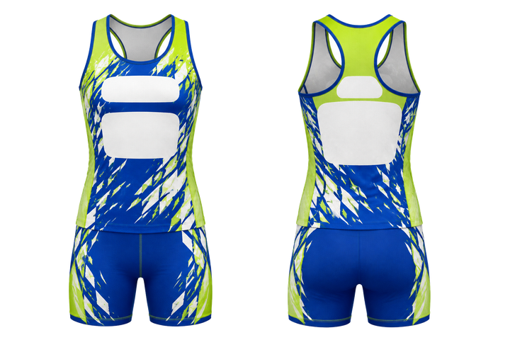 Front and back view of royal blue fractured diamond field athletics relay or field event kit