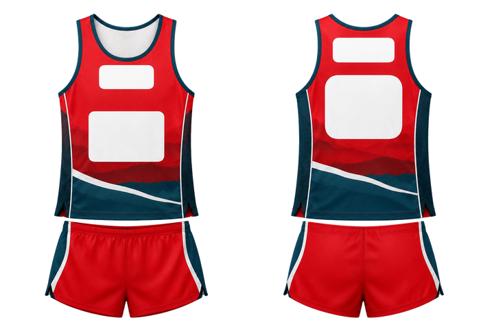 Front and back view of club red layered horizon bands athletics relay or field event kit